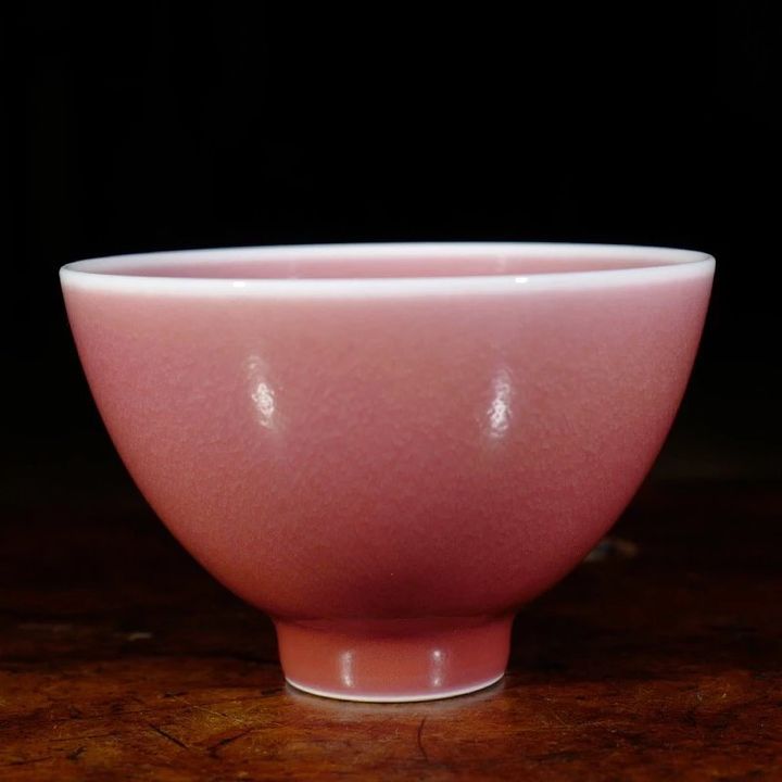 景德镇谷雨山房豇豆红鸡心杯/传统手工高温单色釉主人杯