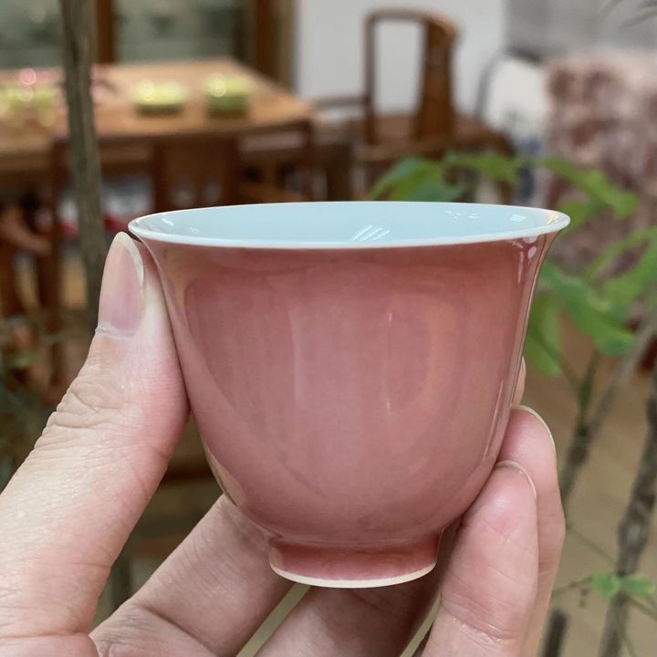 景德镇谷雨山房仿康熙豇豆红釉铃铛杯手工高温单色釉茶杯
